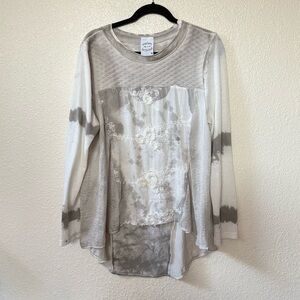 Fleur De Lis Cream & Gray Mixed Media Lagenlook Long Sleeve Top Medium